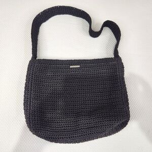The Sak Crocheted Shoulder Handbag Black Knit Purse Zip Top Lightweight Classic